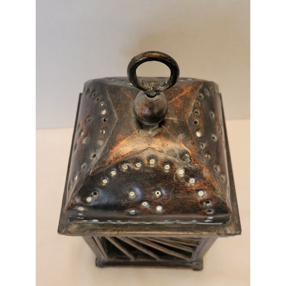 Rustic Metal Lantern Candle Holder Distressed Copper Finish 11" Tall - Picture 4 of 9